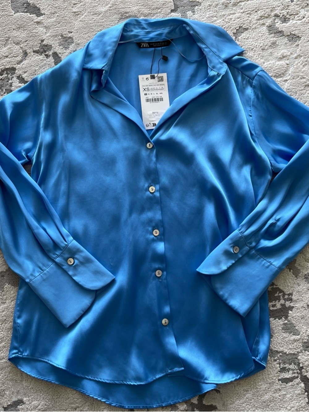 Zara Satin Button-Up Blouse in Turquoise Blue